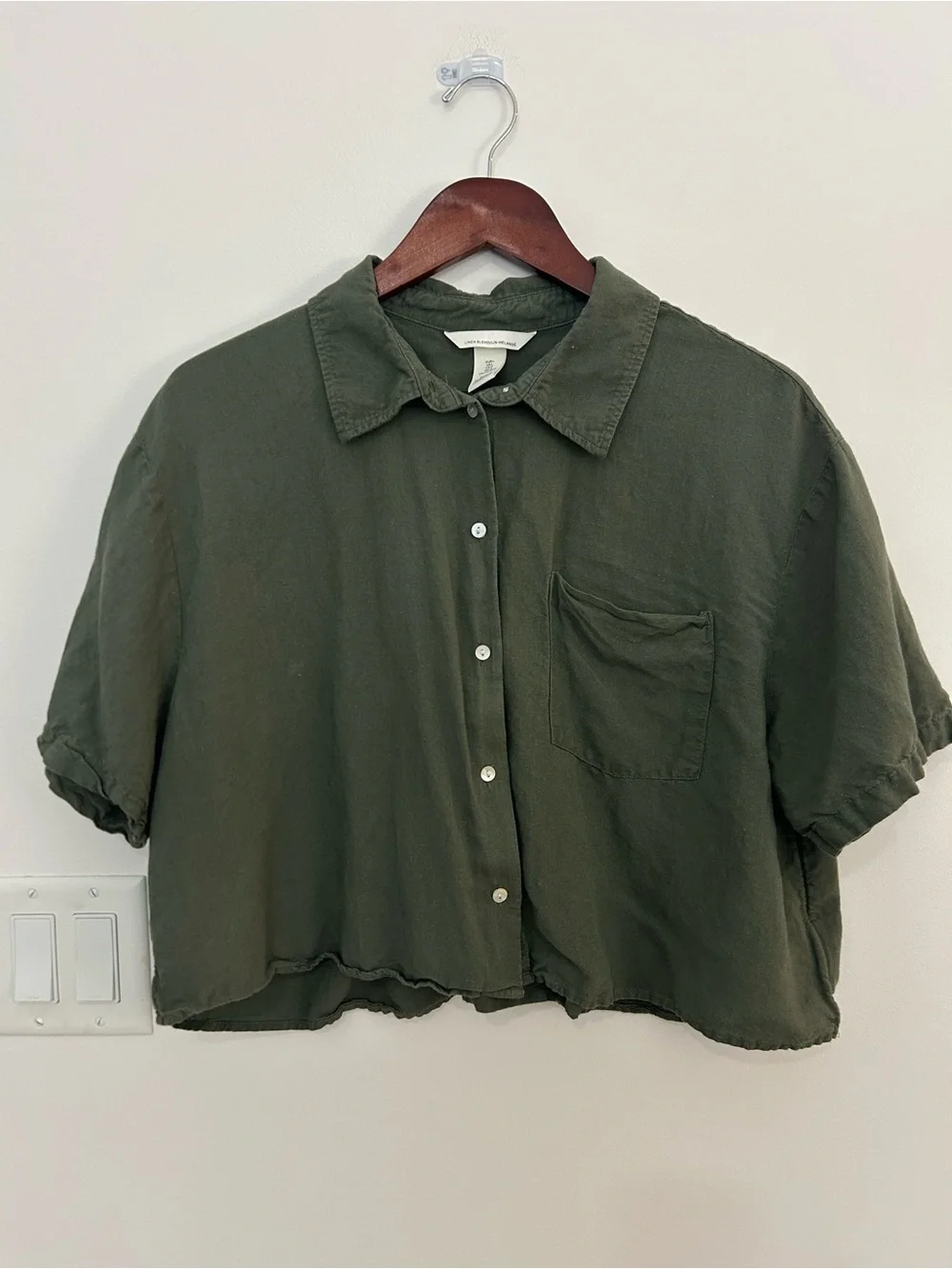 H&M Womens L Olive Green Linen Blend Boxy Cropped Button Down Shirt